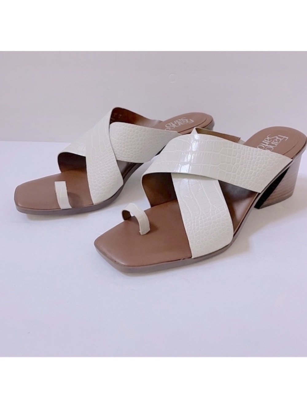 Franco Sarto White Crisscross Toe-Ring Block Heel Sandals